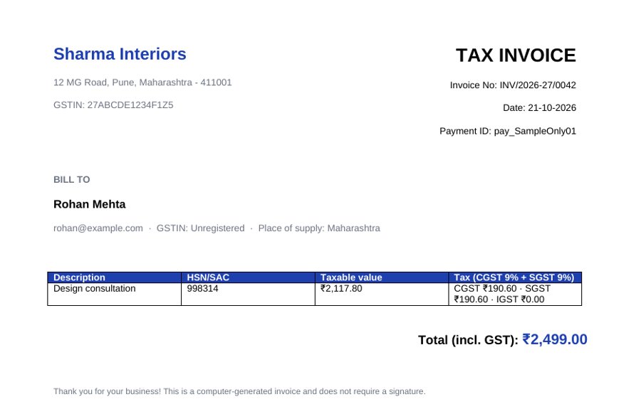 Sample GST invoice made by the kit